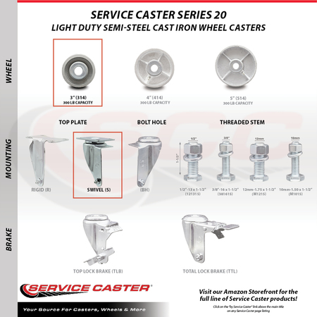 Service Caster 3 Inch Semi Steel Wheel Swivel Top Plate Caster Total Lock Brakes SCC, 2PK SCC-TTL20S314-SSS-2-S-2